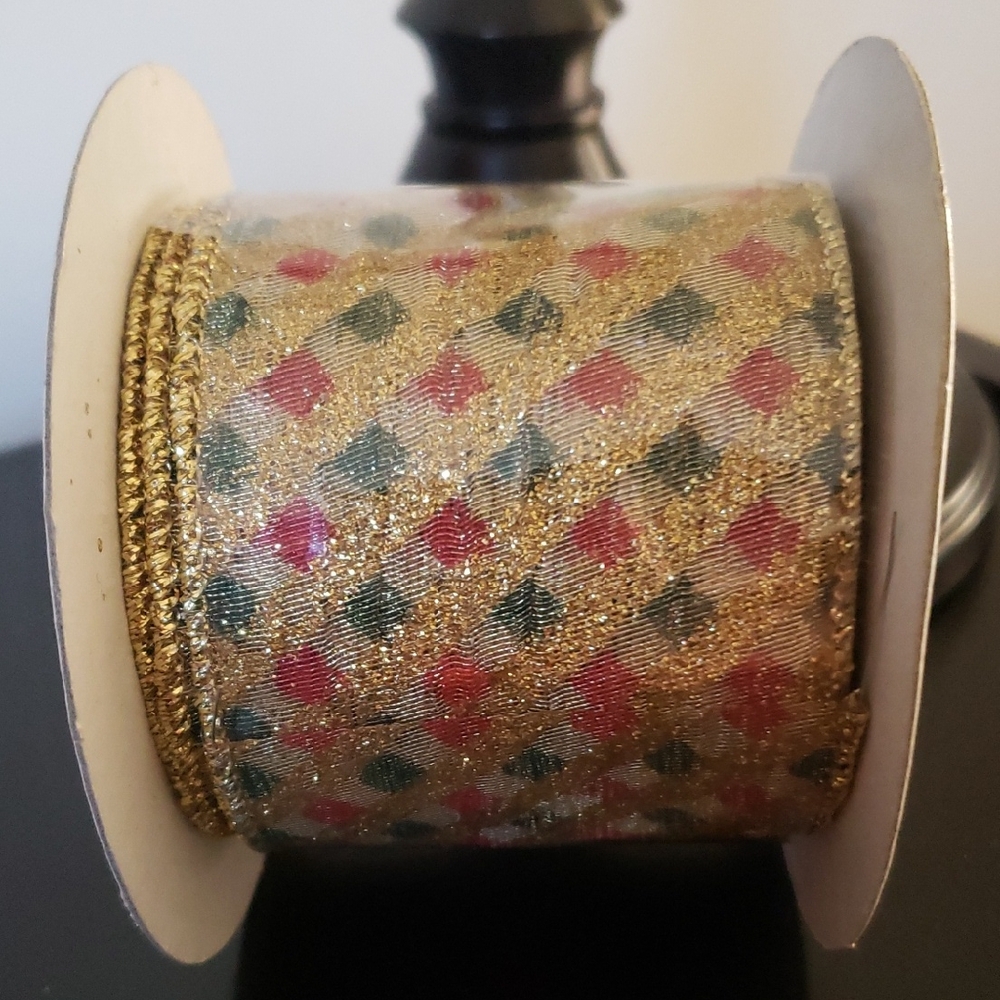 Glitter Gold, Green & Red Wire Edge Ribbon   NWT